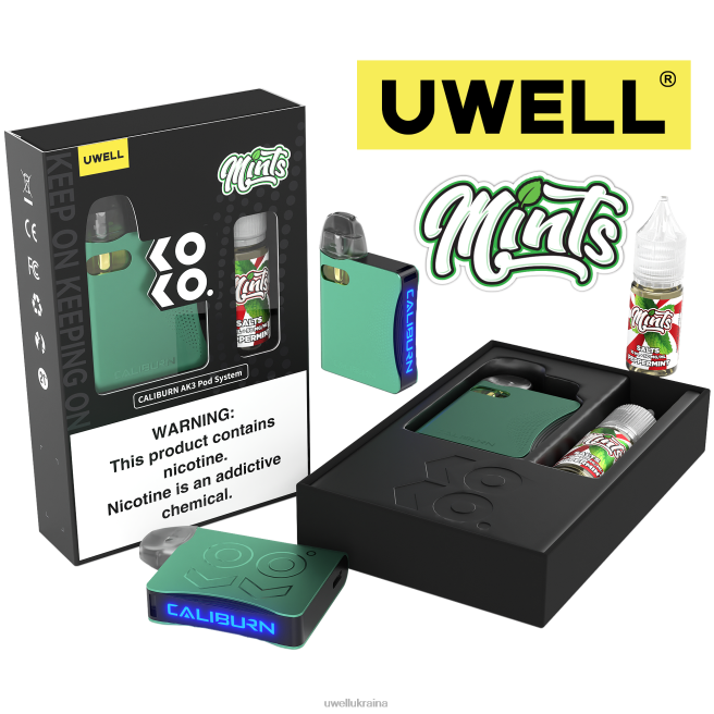 UWELL CALIBURN AK3 набір + a3s 0.8ohm стручки (x2) + татова пара 10 мл солі 50 мг crl: блакитний/flv: перцева м'ята 50 мг | UWELL Украина 6FDB242