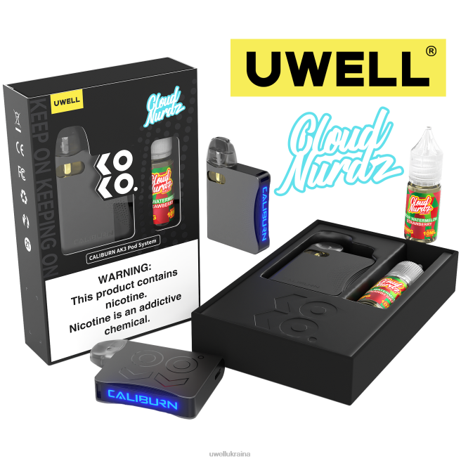 UWELL CALIBURN AK3 набір + a3s 0.8ohm стручки (x2) + татова пара 10 мл солі 50 мг crl: сірий/flv: кислий кавун полуниця 50 мг | UWELL Disposable Vape 6FDB240