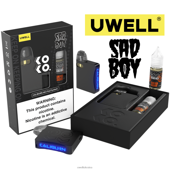 UWELL CALIBURN AK3 набір + a3s 0.8ohm стручки (x2) + татова пара 10 мл солі 50 мг crl: чорний/flv: гарбузове печиво 50 мг | UWELL Vape For Sale 6FDB239